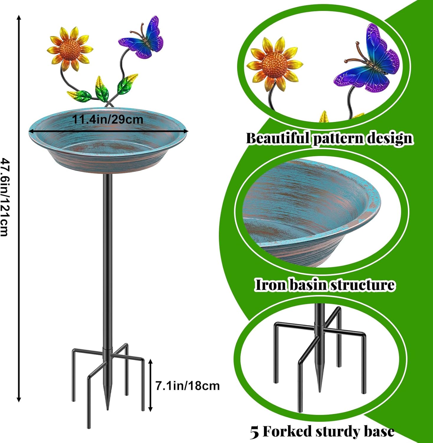 Bird Bath for Outside, Metal Birdbath Bowl Decorated Metal with 5 Prong Base Stand Outdoor Bird Baths Bird Feeder Garden Decor Yard Art (A-Blue)