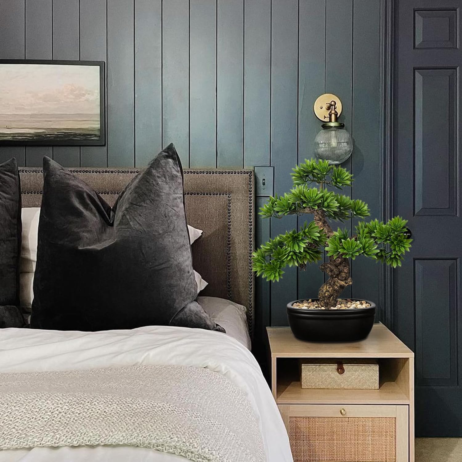 Fake Bonsai Tree Small Bonsai Plant 15.7” Tall Artificial Bonsai Trees with Black Pot Decorated with Pebbles Desk Plant Indoor Bonsai for Home Office Decor