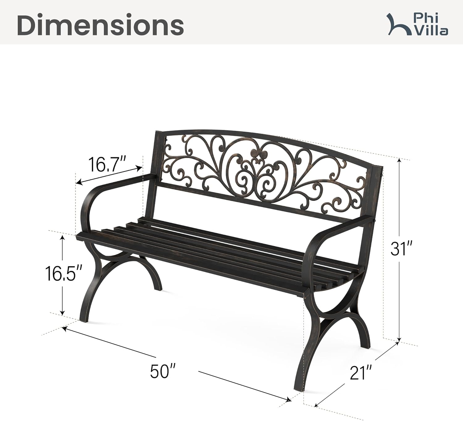 PHI VILLA 50" Garden Bench Outdoor Bench Patio Bench for Outdoors Metal Porch Steel Frame Furniture for Yard