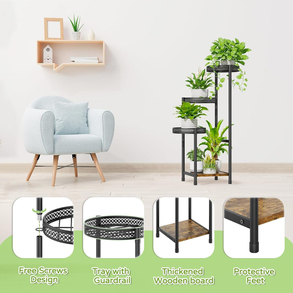 Plant Stand Indoor Outdoor, 4 Tier Metal Flower Pot Shelf Holder Clearance, Tall Corner Rack for Multiple Plants, Modern Organizer Display for Patio Orchid Office Porch Living Room Garden, Black