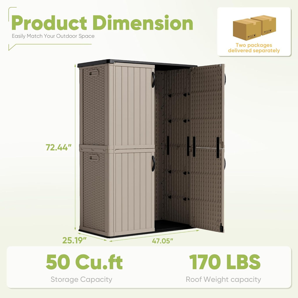 Devoko Outdoor Storage Cabinet 50 Cu Ft with Lockable Doors, Vertical Storage Shed Waterproof Patio Tools Storage Box for Sofa Cushions, Gardening Tools and Accessories (Beige)
