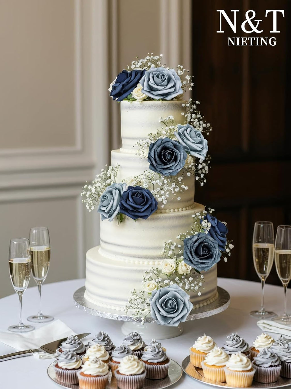 N&T NIETING Dusty Blue Fake Roses,50pcs Artificial Flowers Faux Flowers Fake Flowers for DIY Wedding Bouquets Centerpieces Floral Arrangements Home Decorations Shades of Navy Blue