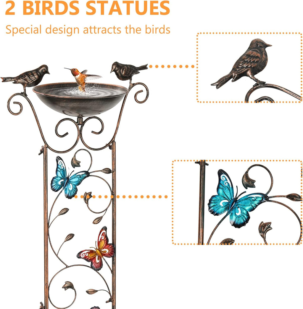 LEWIS&WAYNE Garden Trellis Bird Bath Outdoor, 40 Inch Antique Iron Garden Plant Trellis Decorative with Butterflies and Detachable Drinking Basin Bowl, Free Standing BirdBath Birdfeeder Station