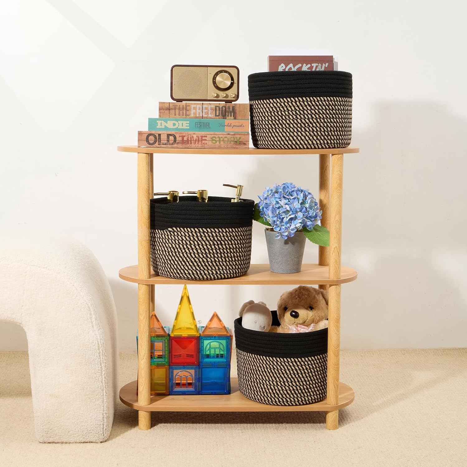 Small Basket for Organizing | Cube Shelf Closet Storage Baskets | 9.7×9.7×7.1” | Woven Rope Gift Basket | Nursery | Round 3 Packs Black Brown