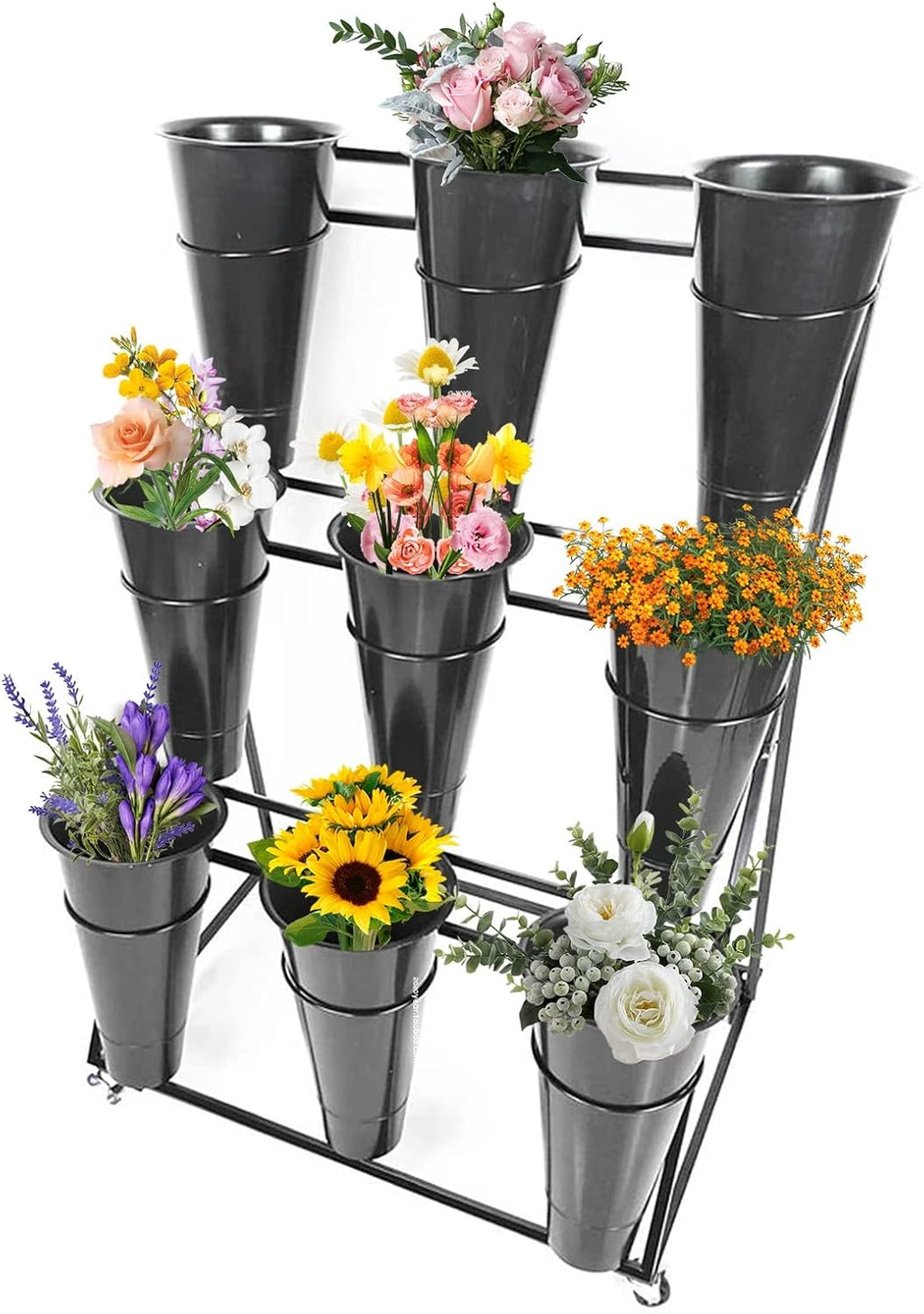 Flower Display Stand, 3-Layer Heavy-Duty Mobile Plant Cart shelve with Wheels, with Plastic Buckets, Easy to Install, Suitable for Indoor and Outdoor Balcony Courtyard Garden Art Exhibitions