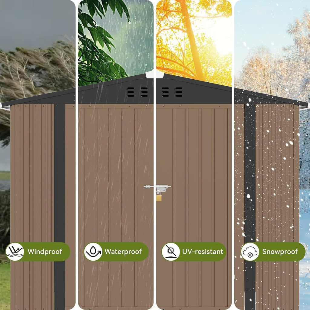 COMHOMA Shed Outdoor Storage Shed Metal,Lockable Doors Tool Sheds with Sloping Roof,Steel Garden Shed with Air Vent for Backyard,Patio,Lawn,Poolside (Brown, 8'*6')