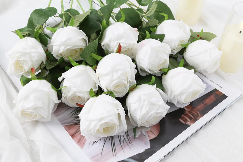 12 pcs White Roses Artificial Flowers Vintage Burnt Edge Rose 20" Realistic Silk Roses Bouquet with Long Stem for Wedding Party Floral Centerpieces Decoration (White)