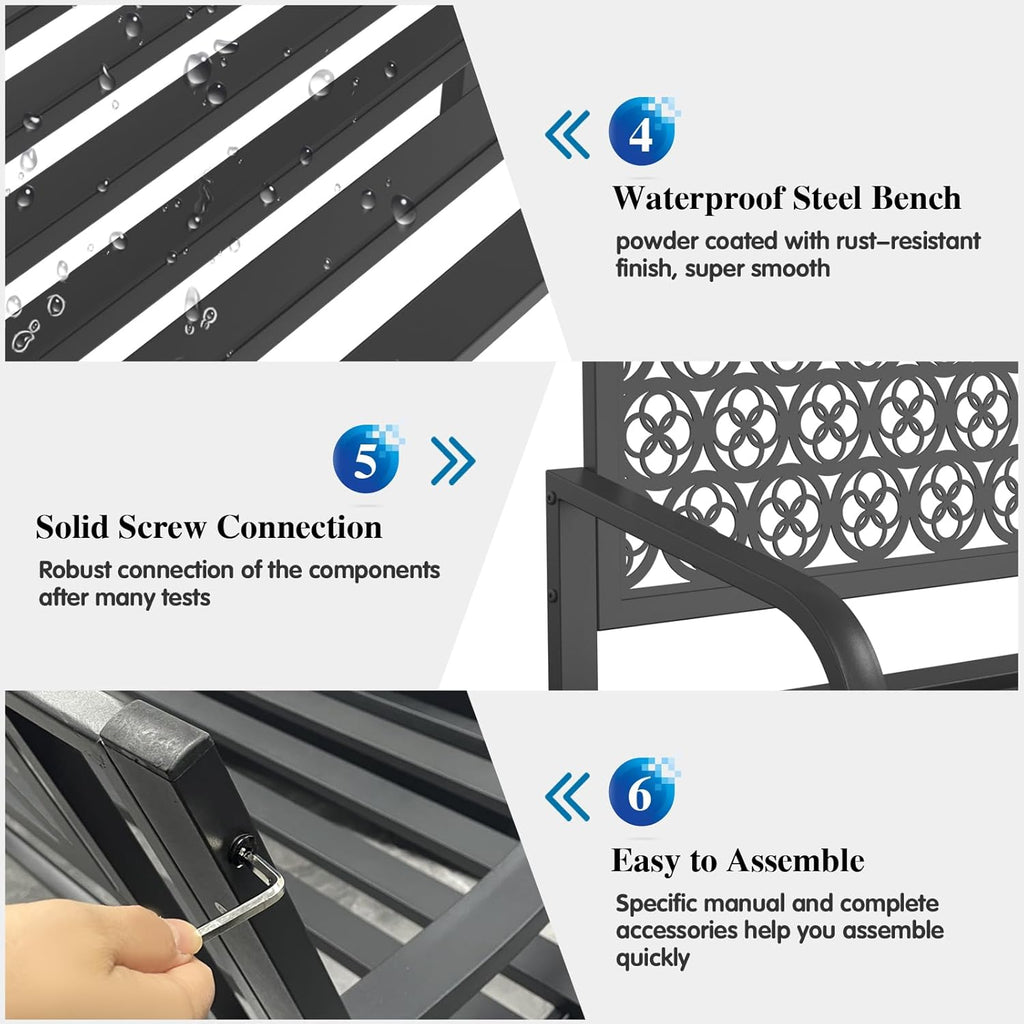 Outdoor Garden Bench Cast Iron Steel Outdoor Bench Clearance Weatherproof Metal Park Bench for Porch, Yard, Lawn, Deck (Four-Leaf Clover)