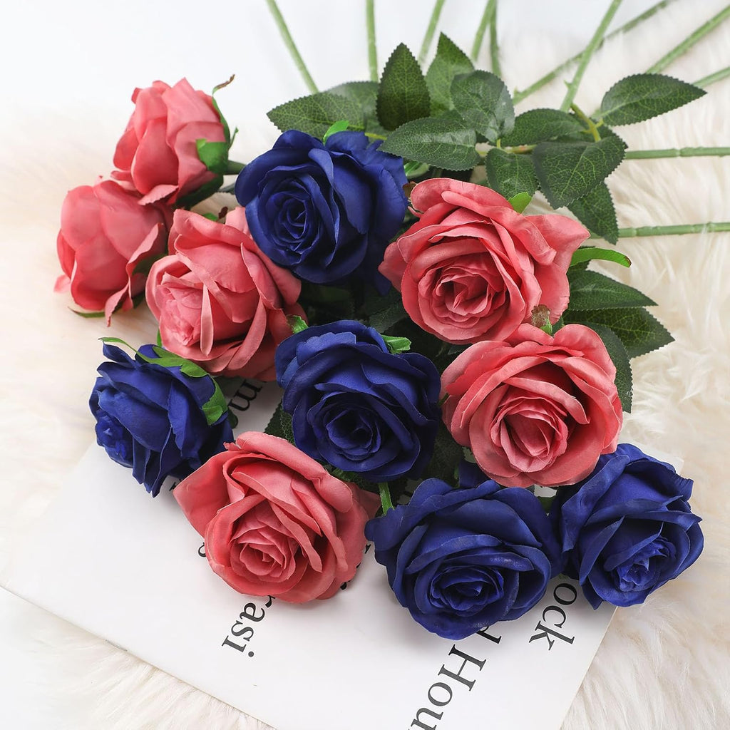 Blue Fake Roses Artificial Flowers - 16 Pcs Fake Artificial Roses Silk Flowers with Stems for Home Wedding Hotel Office Centerpiece Decor（Navy Blue）