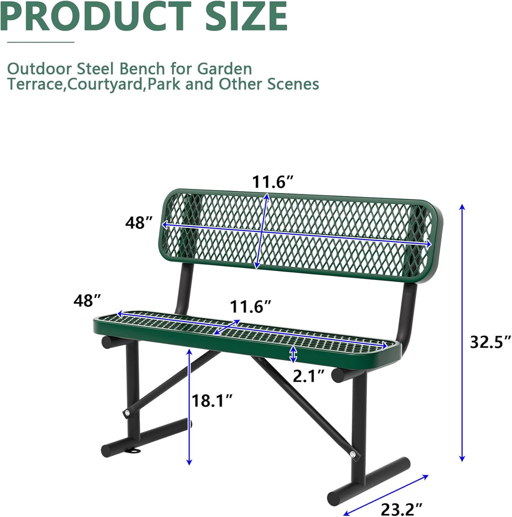 4FT Benches for Outside, Heavy-Duty Portable Outdoor Garden Bench with Back, Metal Park Bench, Commercial-Grade Seating,Industrial Bench Patio Bench Furniture for Beach Yard School Shopping Centers