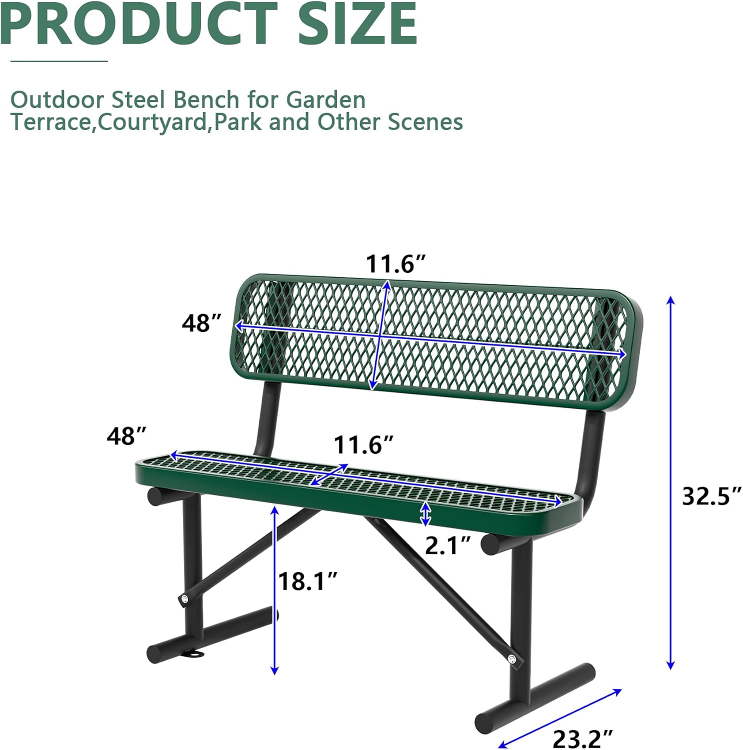4FT Benches for Outside, Heavy-Duty Portable Outdoor Garden Bench with Back, Metal Park Bench, Commercial-Grade Seating,Industrial Bench Patio Bench Furniture for Beach Yard School Shopping Centers