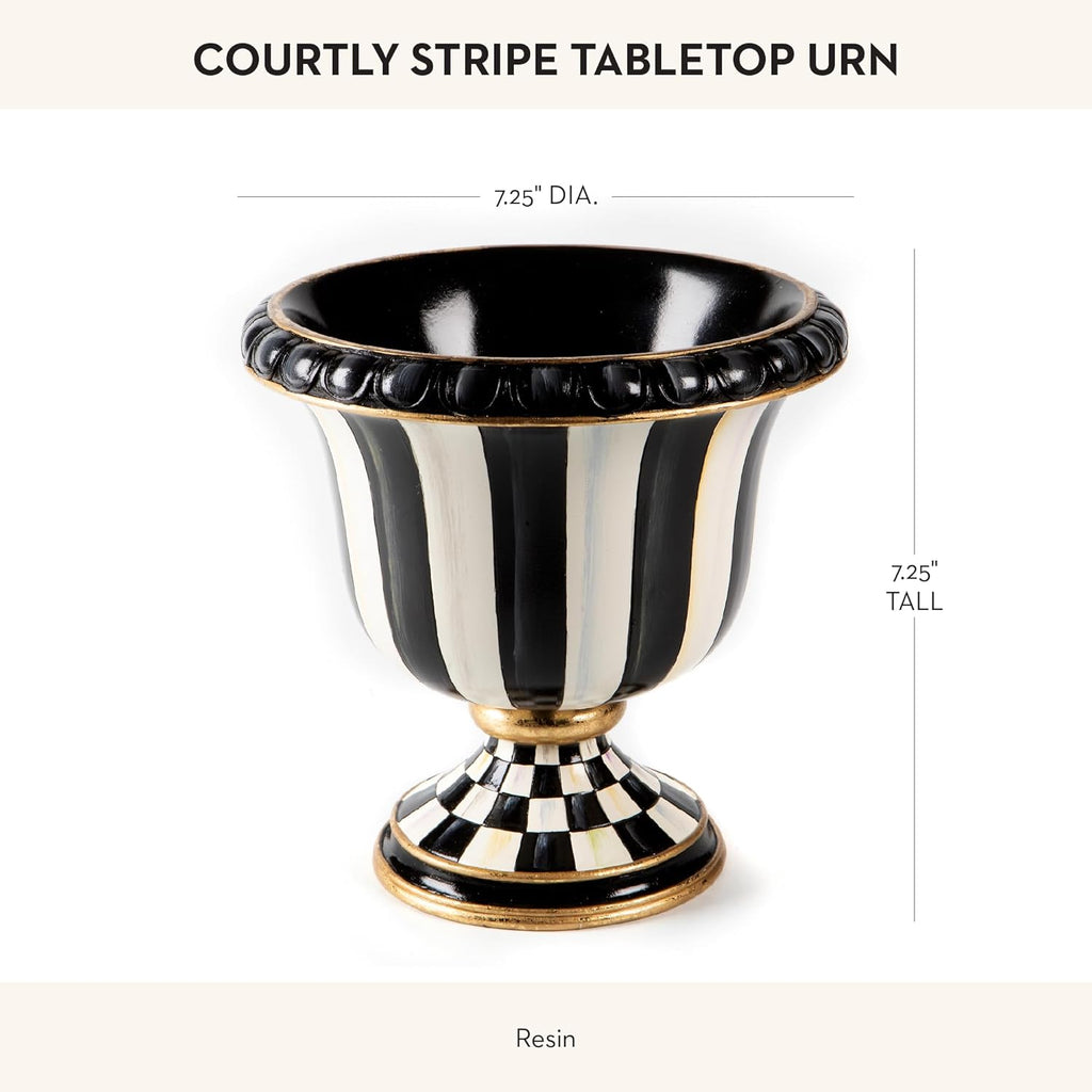 MACKENZIE-CHILDS Pedestal Tabletop Urn, Decorative Centerpiece for Table, Mantel, or Shelf, Small, Black-and-White Courtly Stripe