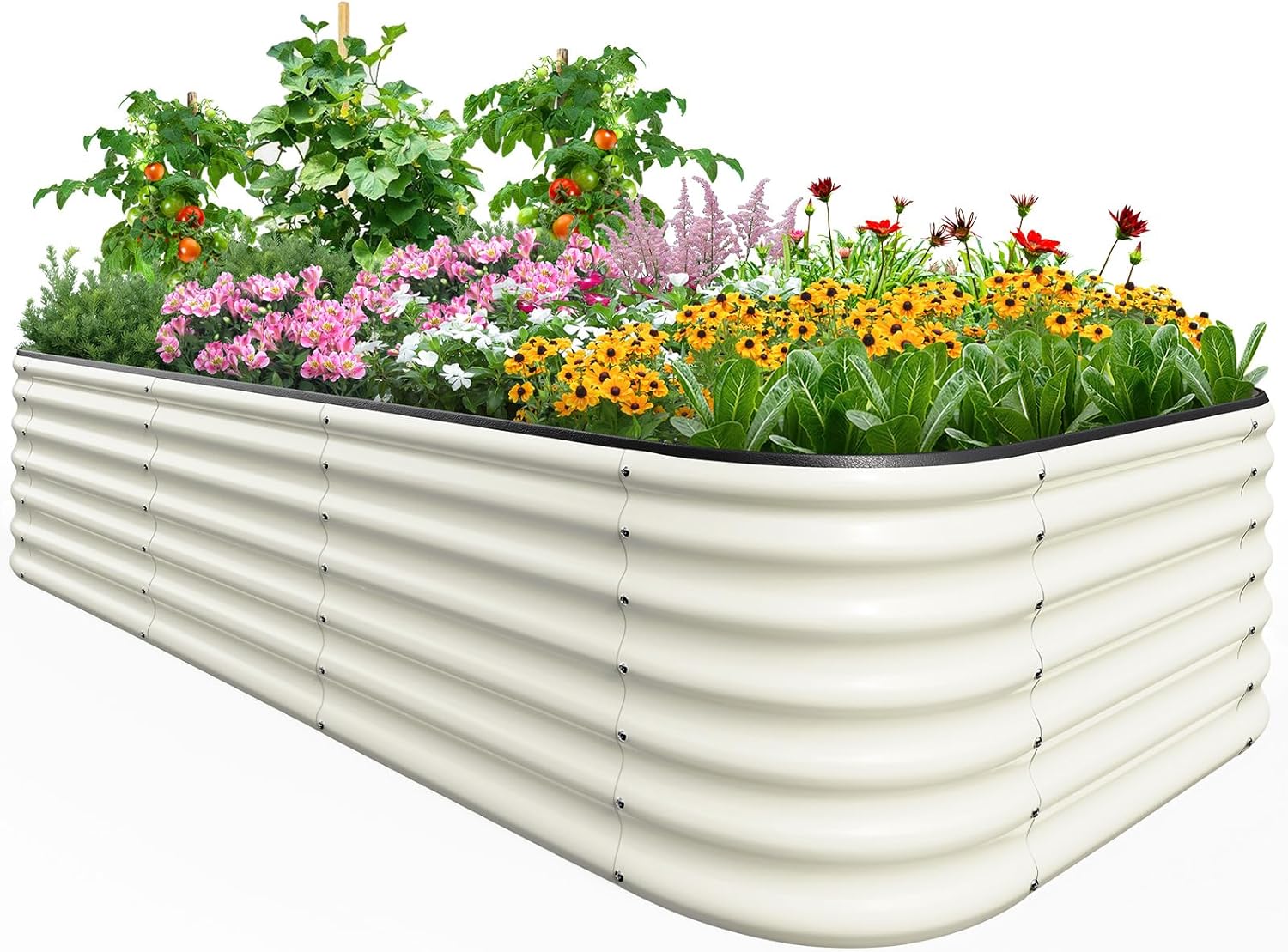 Quictent Galvanized Tall Raised Garden Bed Kit, 8x4x2 ft Oval Large Planting Box Rubber Strip Edging, for Vegetables Outdoor Strengthened by Crossbar (Beige)