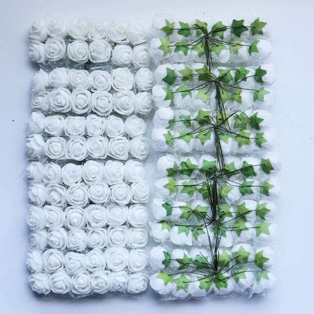 Mini Fake Rose Flower Heads 144pcs Mini Artificial Foam Roses DIY Wedding Flowers Accessories Make Bridal Hair Clips Headbands Dress (Bottom add Gauze) for Valentines Day,Wedding,Bridal Shower (White)