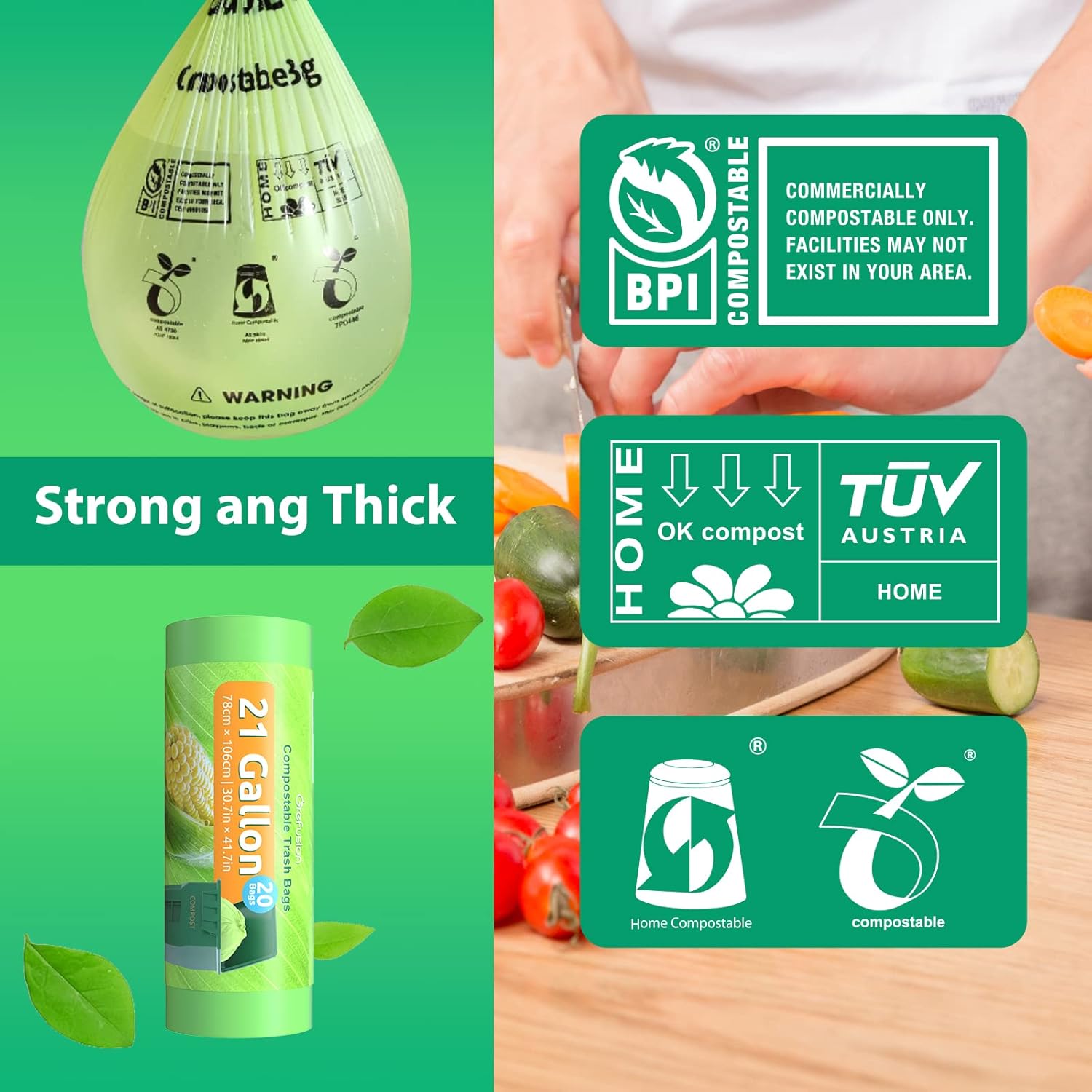 Compostable Trash Bags 21 gallon,20 Count,Extra Thick 1.28 Mills,Fits13-25 gallon trash can, Extra Strong and thick,Compostable Lawn & Leaf Yard Waste bags,ASTM D6400,Bpi Certified