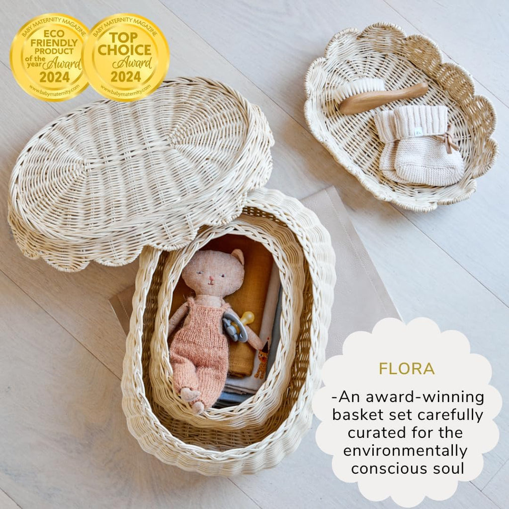 BEBE BASK The Original Scalloped Basket Set Of 2 – Small Scallop Basket - 15 x 10 x 6 In - Hand-Woven & Award-Winning - Elegant Wicker With Scalloped Edge Lid - Nursery Storage - (Natural)