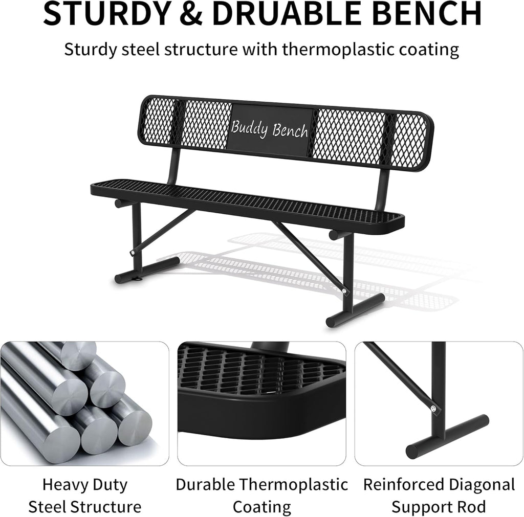 6 Feet Steel Park Bench for Outside, Outdoor Bench with Backrest & Portable Frame, Commercial Benches for Parks, School, Patio, Deck, Store,Black