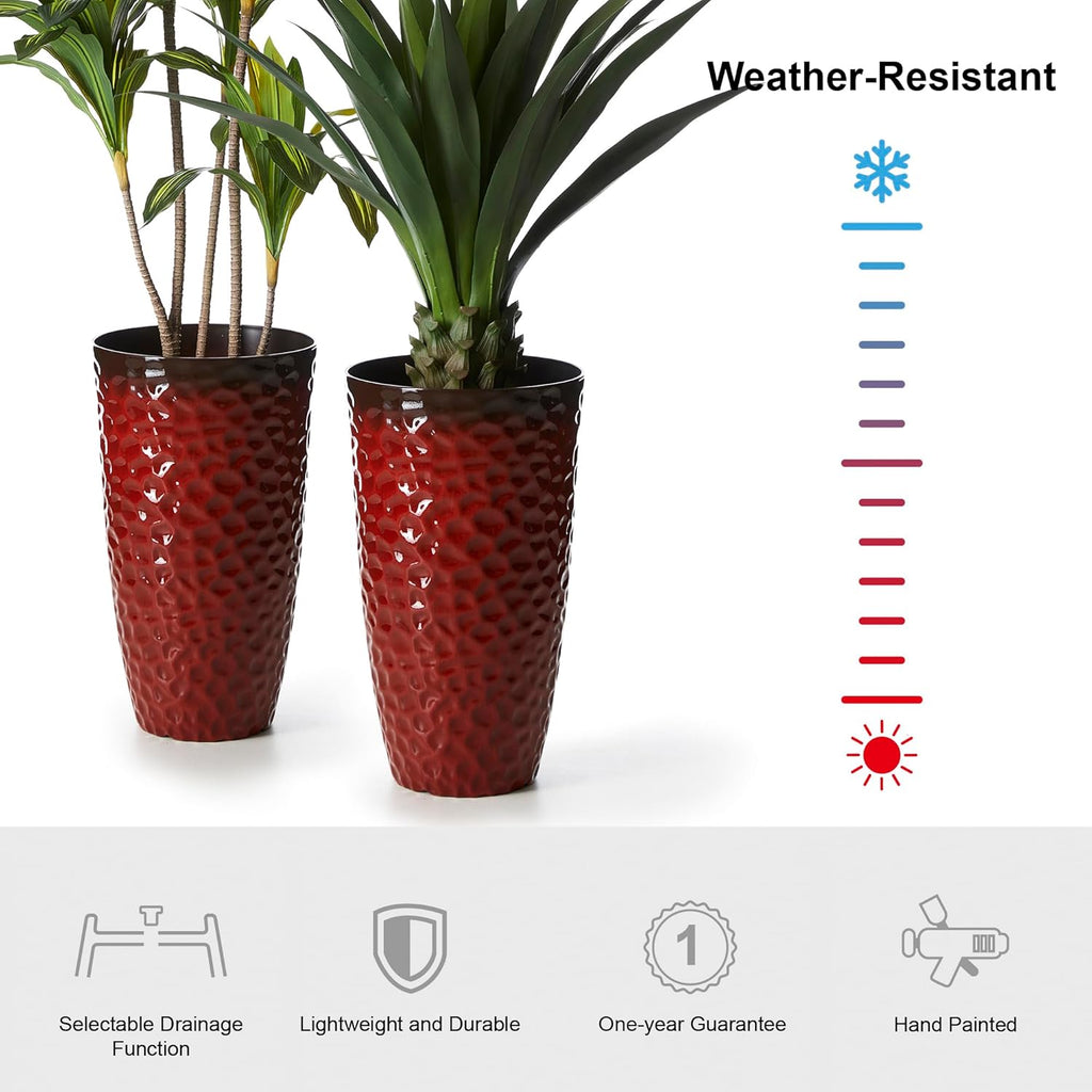 Glitzhome Set of 2 Oversized Plastic Planters for Plants,23.75" H Large PP and Stone Honeycomb Textured Gradient Red Planter Tall Planter Pot with Drainage Hole for Outdoor Front Porch and Patio Deck