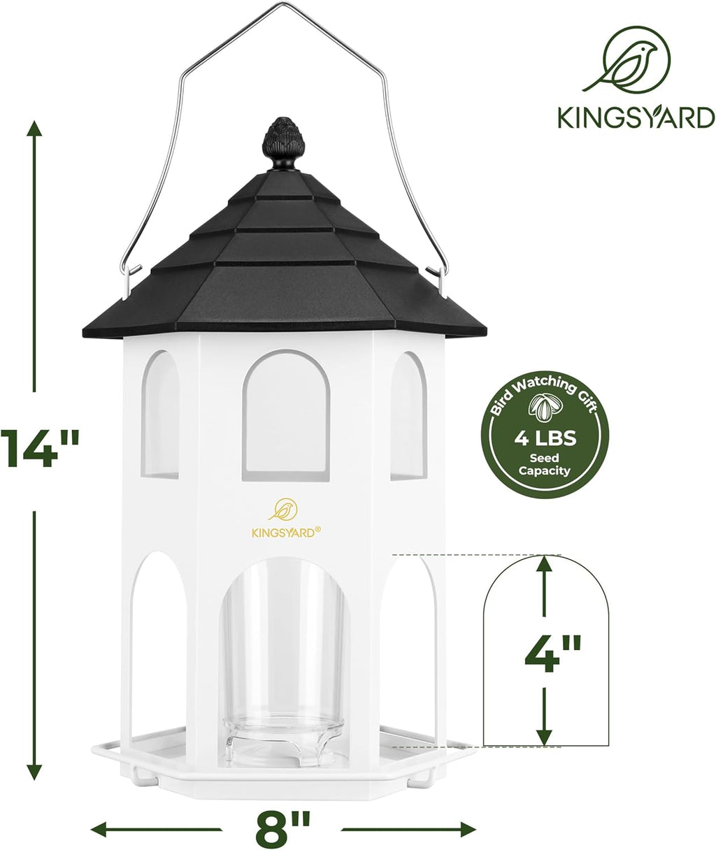 Kingsyard Metal Bird Feeder for Outdoor Hanging, Wild Bird Feeders with Circular Perch, Easy to Clean & Refill, 4 lbs Large Seed Capacity, White