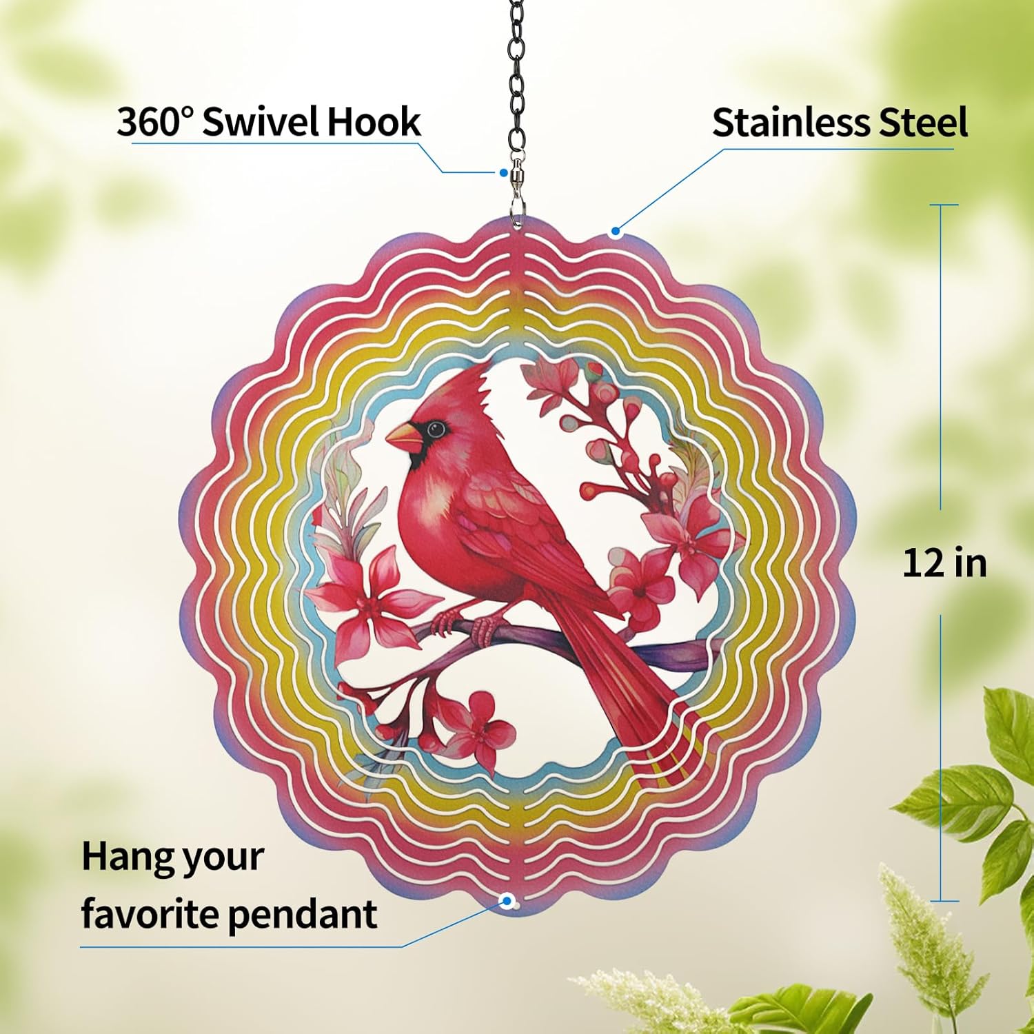 Wind Spinners Outdoor Cardinal Bird - Birthday Gifts for Women Mom Grandma, Hanging Wind Sculptures 12 inch 3D Wind Spinner for Garden Decor for Outside, Garden, Patio, Yard, Outdoor