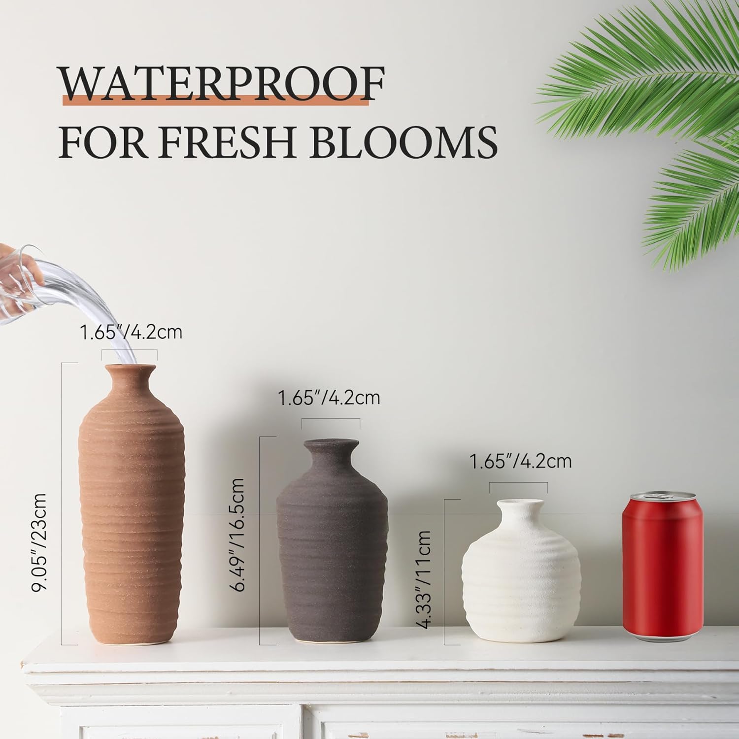 Ceramic Vase Set of 3 Neutral Decorative Vase for Farmhouse, Boho, or Rustic Home Decor Pottery Vases for Pampas Grass Living Room Bedroom Table Mantel Entryway Shelf (01-Brown)