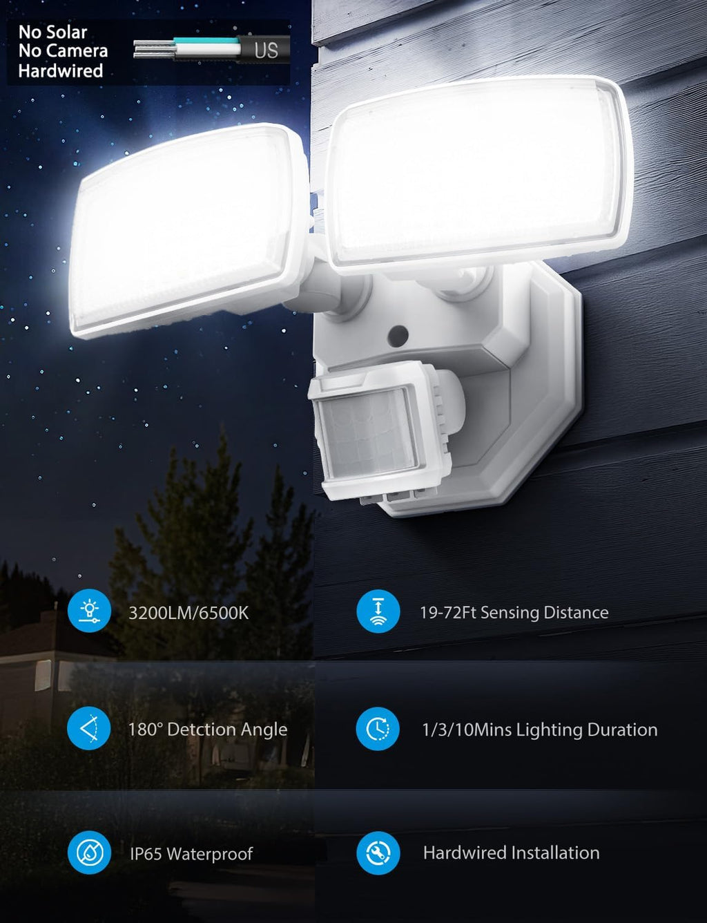 Onforu 32W 2 Head Motion Sensor Outdoor Lights, 3200LM 6500K LED Security Light, Dusk to Dawn, Motion Detector Light for Outside, IP65 Waterproof Flood Lights for Garage, Yard(White)