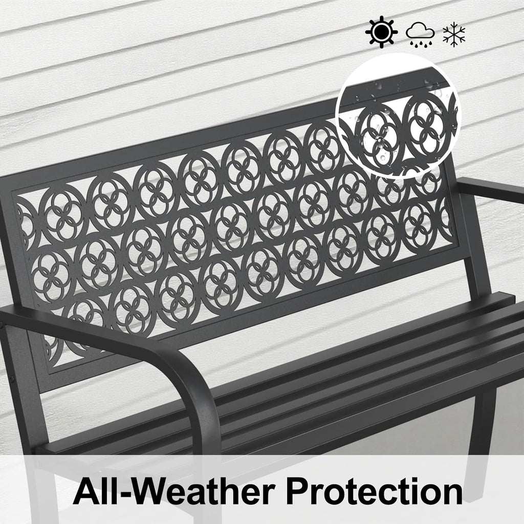 44" Heavy Duty Outdoor Bench, Wrought Iron Weatherproof Garden Bench Black Metal Patio Bench for Park Proch Yard 880lbs