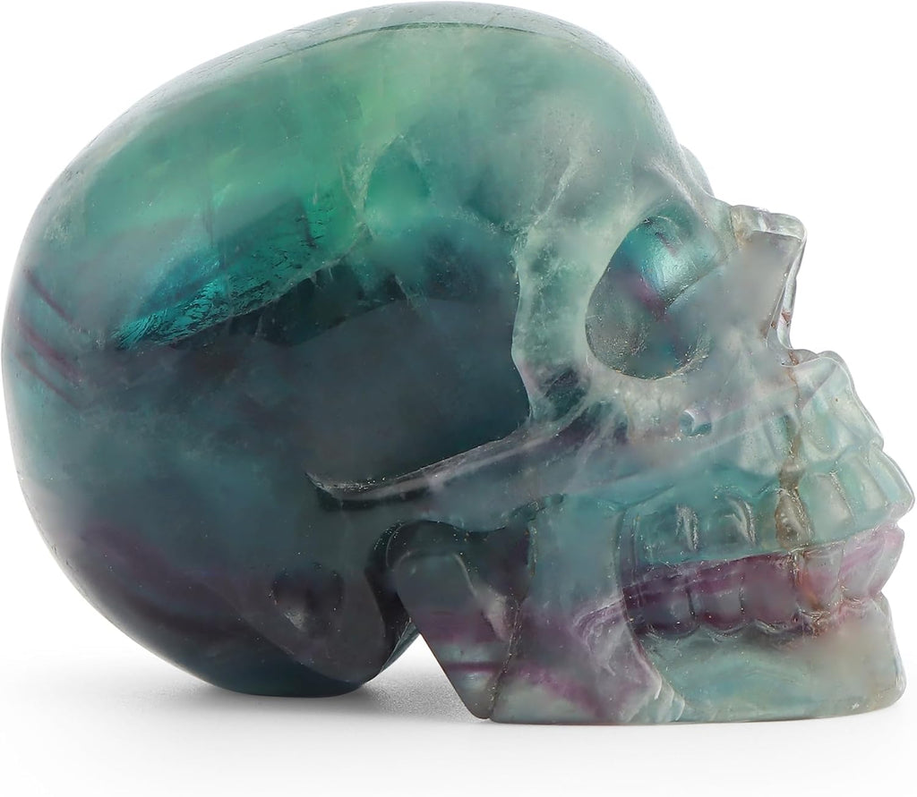 Crystal Skull Head Statue Hand Carved 3.0" Rainbow Fluorite Polished Gemstone Skull Stone Figurine Crafts Ornament for Home Office Halloween Decor