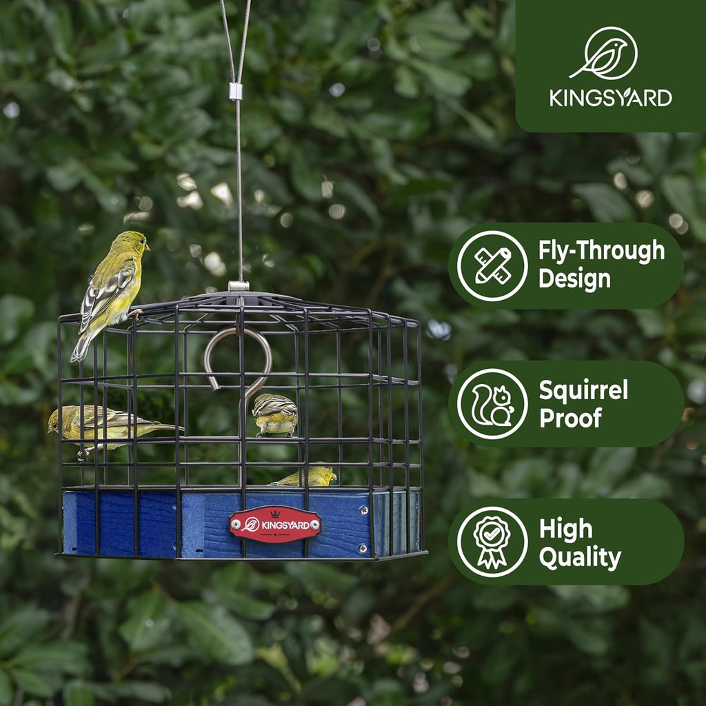 Kingsyard Squirrel Proof Platform Bird Feeder for Outdoor Hanging, Caged Bird Feeder for Bluebird Mealworm, Recycled Plastic Feeding Platform with Metal Mesh Tray, Special for Small Birds, Blue