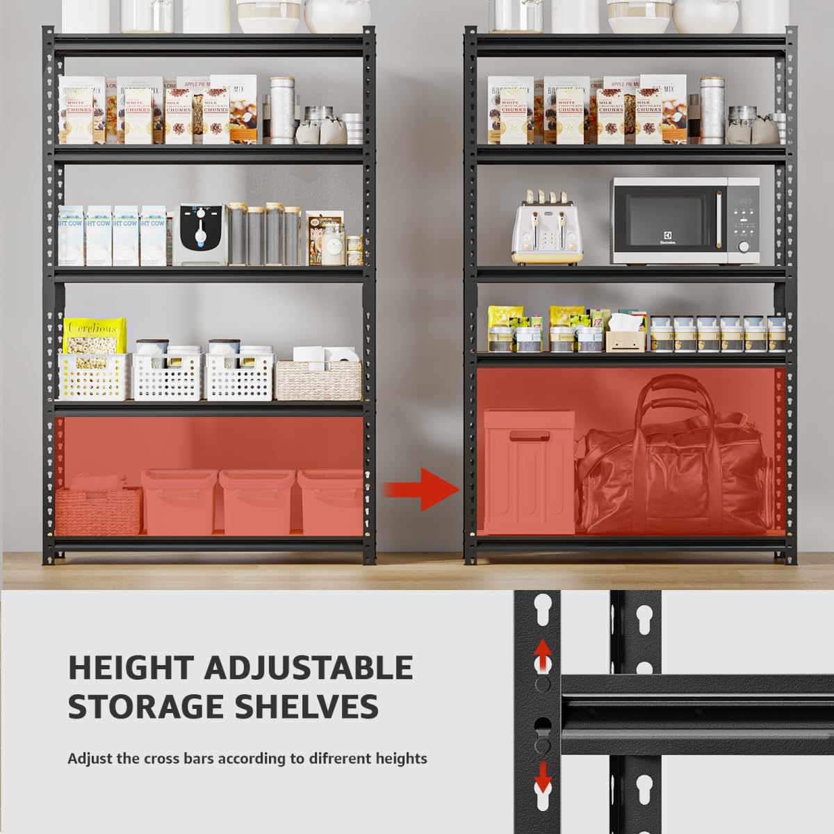 5 Tier Adjustable Heavy Duty Metal Shelving Unit, 60" H x 28" W x 12" D, Utility Rack, Garage Storage Shelves for Kitchen, Basement, Warehouse, Living Room, Classroom, Black