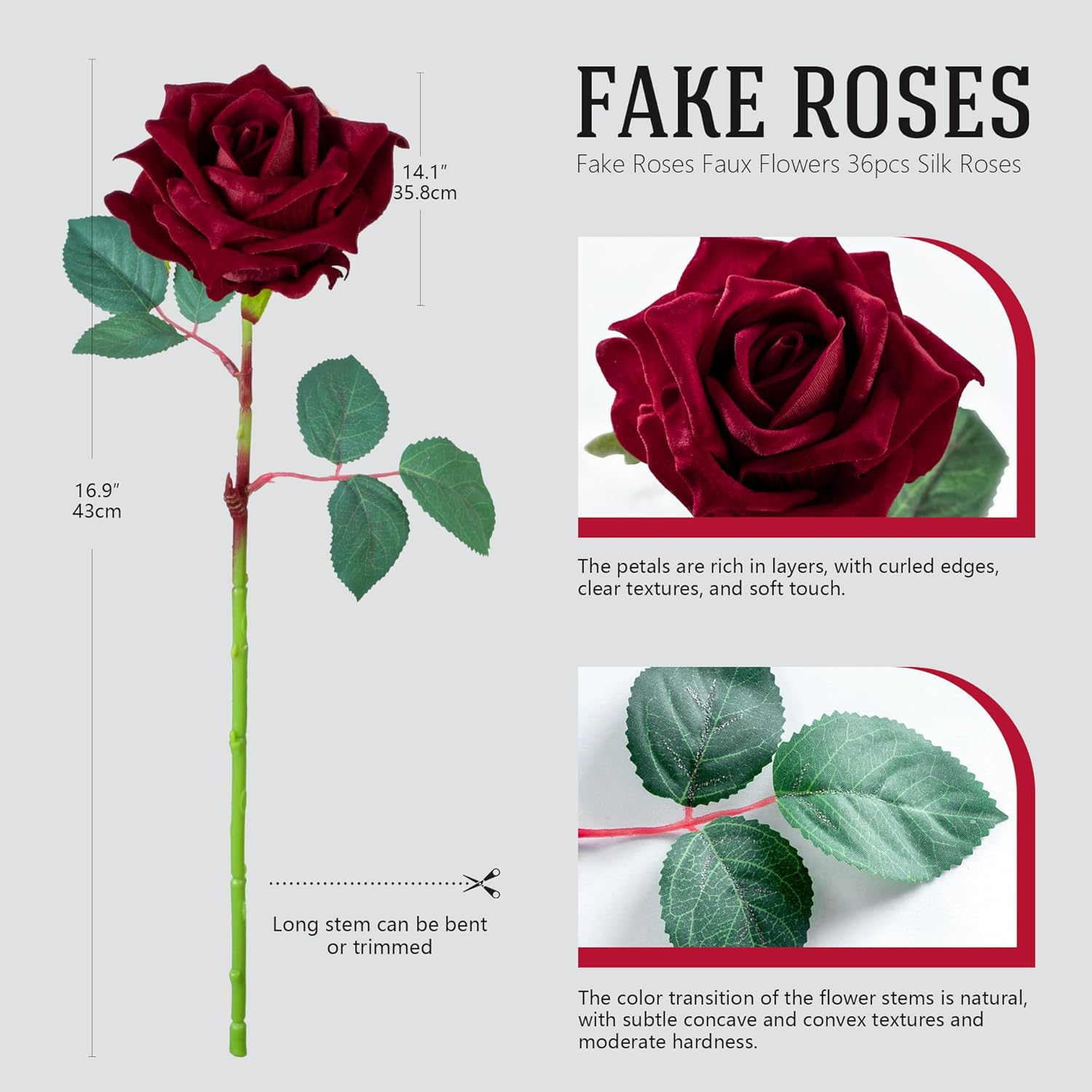 Fake Roses Faux Flowers Silk Roses Artificial Roses with Stems Realistic Artificial Flowers Suitable for Indoor Home Decoration DIY Bouquet Wedding Decor Party Decor 16.5In (Red, 36PCS)