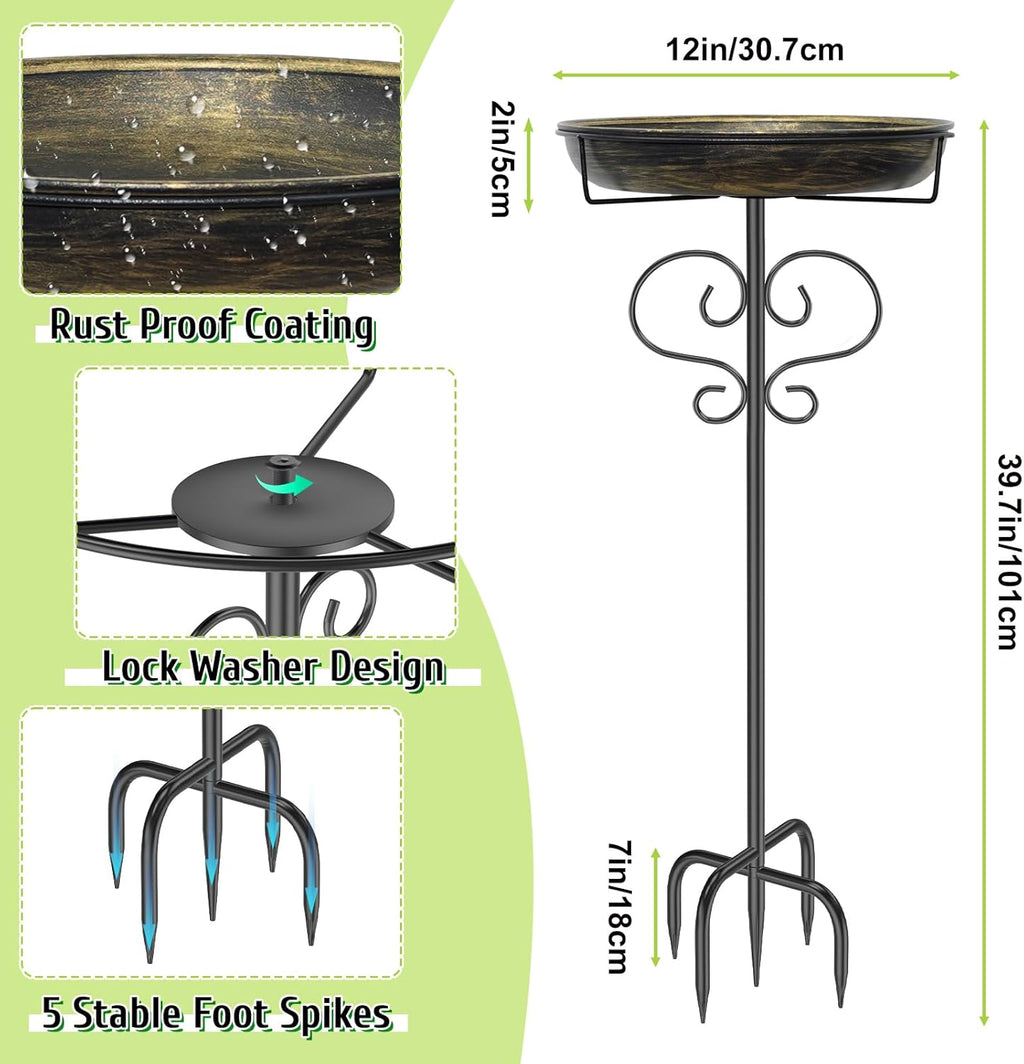 Bird Bath for Outside,Freestanding Metal Bird Bath Feeder with Heavy Duty 5 Prong Stake, Garden Birdbath Birdfeeder Bowl for Yard Lawn Patio Decor (Vintage Gold)
