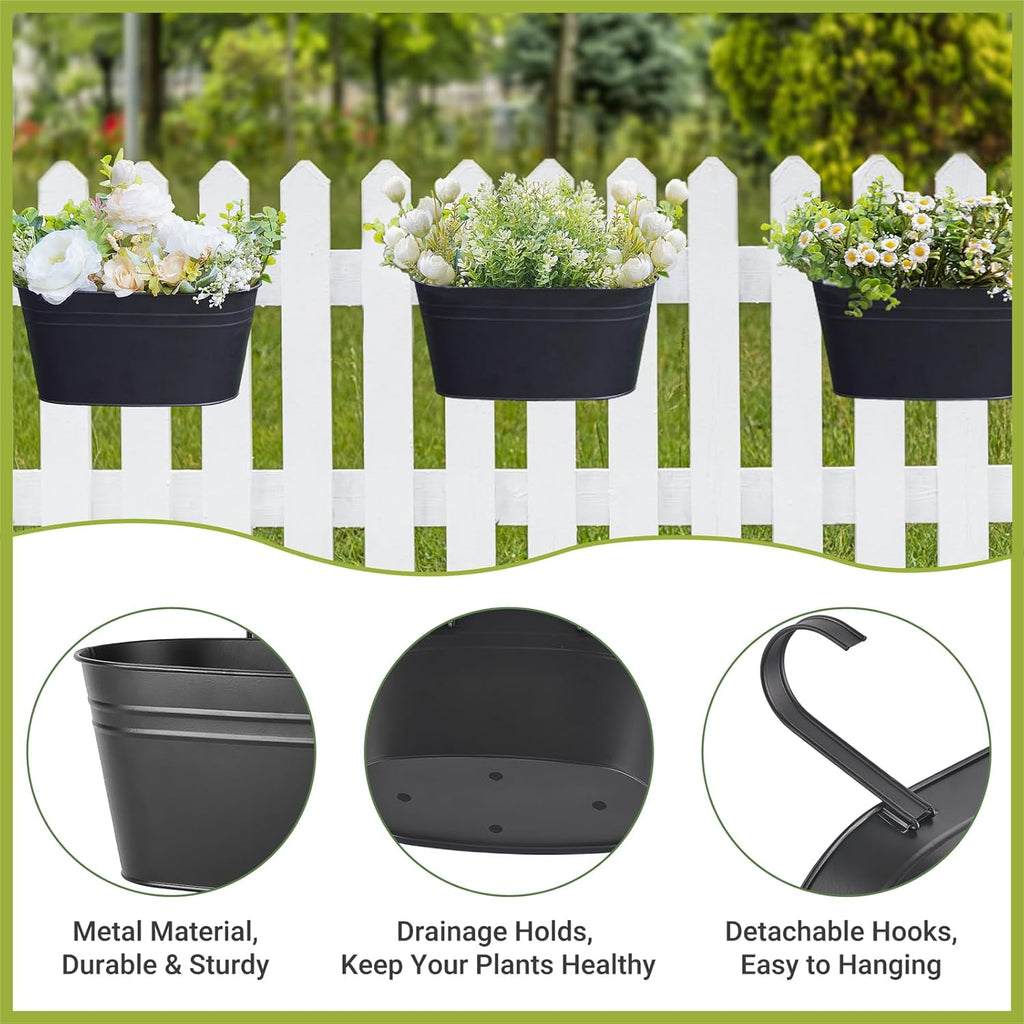 Dahey Metal Iron Hanging Flower Pots for Railing Fence Hanging Bucket Pots Countryside Style Outdoor Planter Window Flower Plant Holder with Detachable Hooks Home Decor, Black,4 Pcs