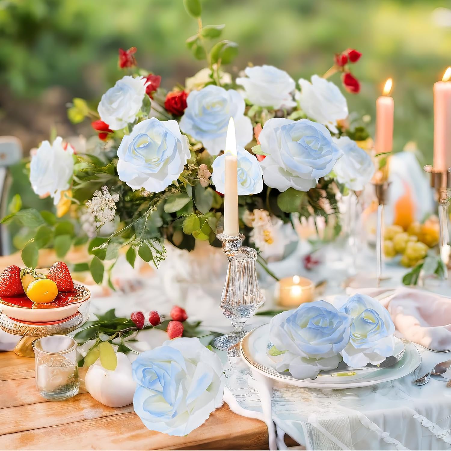 Ice Blue Artificial Roses Fake Flowers Not Bend The Peduncle with Stems for DIY Wedding Bouquets Bridal Shower Centerpieces Arrangements Tables Decorations 12pcs