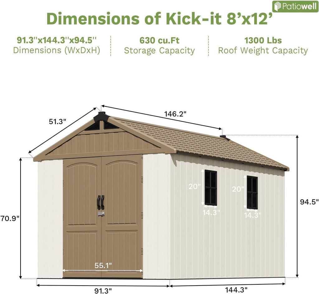 Patiowell 8 x 12 FT Plastic Outdoor Storage Shed with Floor, Resin Shed with Window and Lockable Door for Garden, Backyard, Tool Storage Use, Easy to Install in Brown (Kick-it Shed)