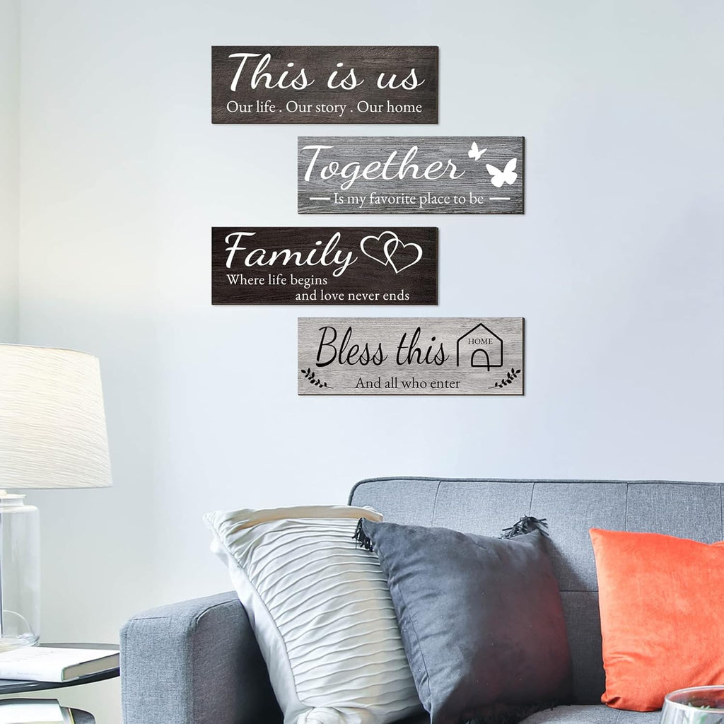 Joyhawk 4 Pieces Home Wall Decor Signs, THIS IS US/TOGETHER/BLESS THIS HOME/FAMILY Wall Decor For Living Room Bedroom, Rustic Wooden Farmhouse Wall Art Decor, 4.7 x 13.8 Inch(Mixed Color)
