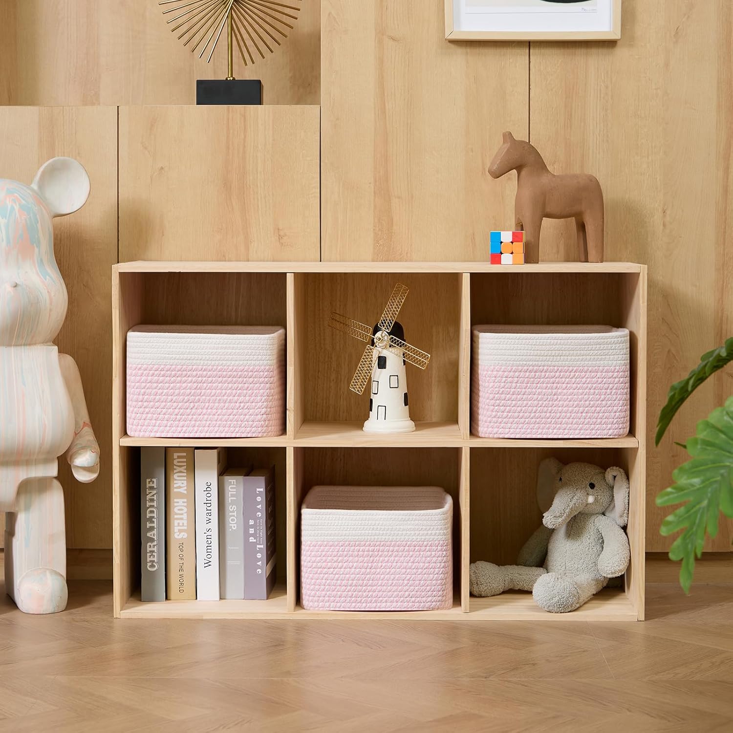 Small Organizing Baskets for Cubes Shelf, 9.7x9.7x7.1 Inch Rope Woven Storage Bins for Nursery Shelves Storage, Cute Toy Basket, Square 3 Packs Off White Pink