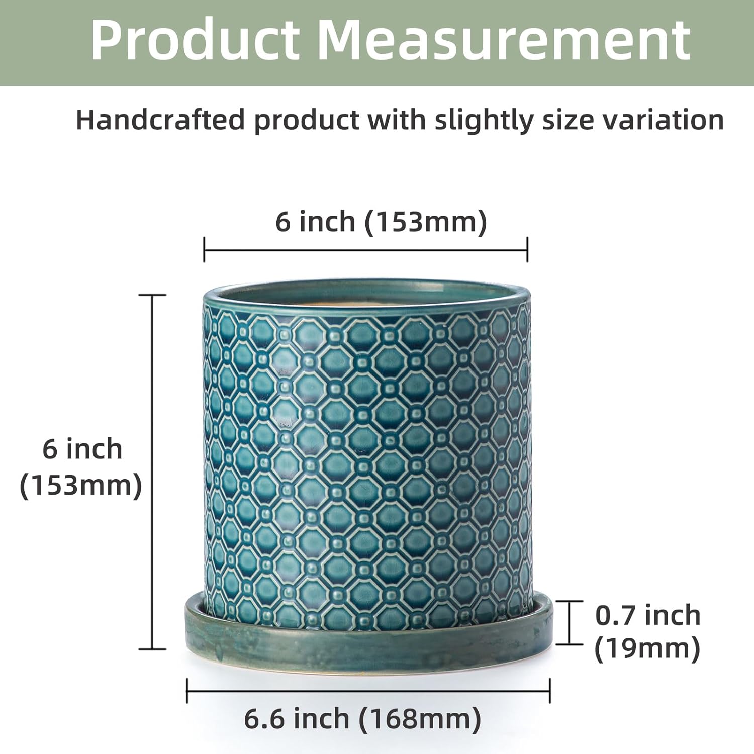 6 Inch Plant Pot: Ceramic Planter with Drainage Hole & Saucer Indoor Outdoor Plants - Cylinder Round Flower Pot for Home Office - Modern Decorative - Small Blue