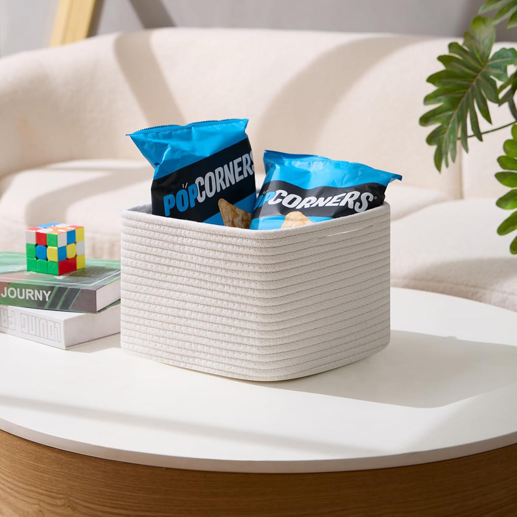 Small Organizing Baskets for Cubes Shelf, 9.7x9.7x7.1 Inch Rope Woven Storage Bins for Nursery Shelves Storage, Cute Toy Basket, Square 3 Packs Off White