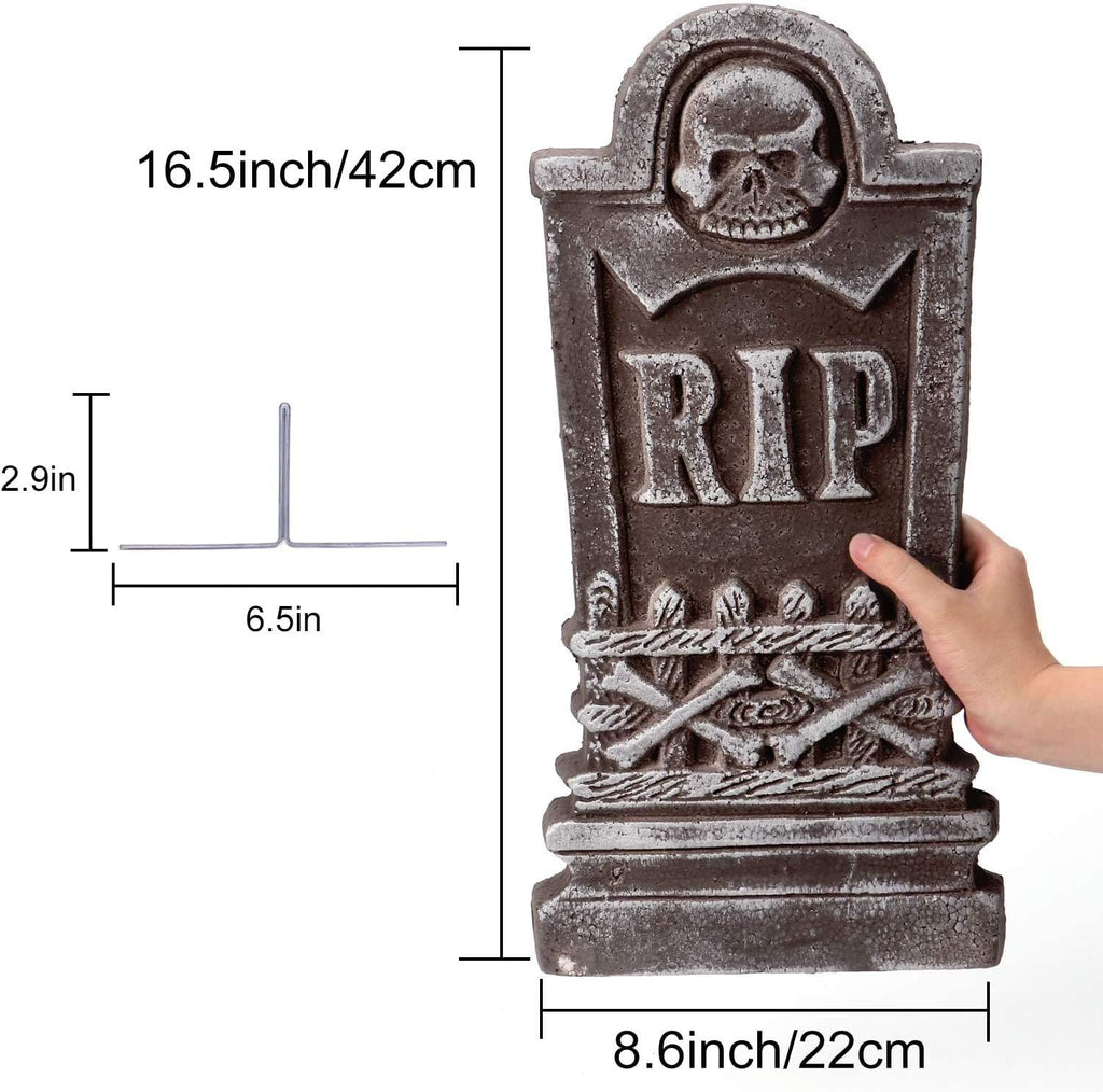 17” Halloween Foam RIP Graveyard Tombstones, 5 Pack Tombstone with 10 Metal Stakes for Halloween Decorations