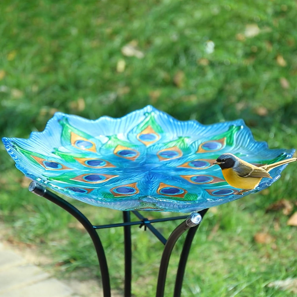 MUMTOP Outdoor Glass Birdbath with Metal Stand for Outside Yard Garden Decor, 18 inch Diameter Peacock Bird Baths Bowl for Outdoors, 21.65 inch Height