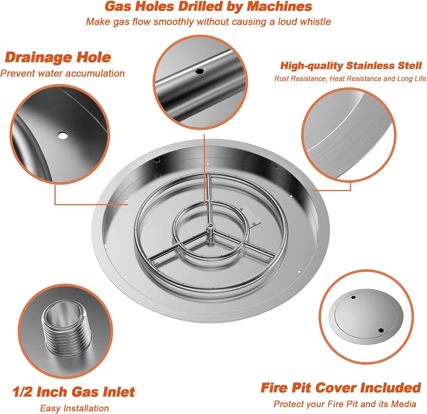 Skyflame 25 Inch Round Stainless Steel Drop-in Fire Pit Pan Fire Bowl with Burner Ring and Protective Cover, DIY Firepit System Assembly Set for Both Natural Gas and Liquid Propane