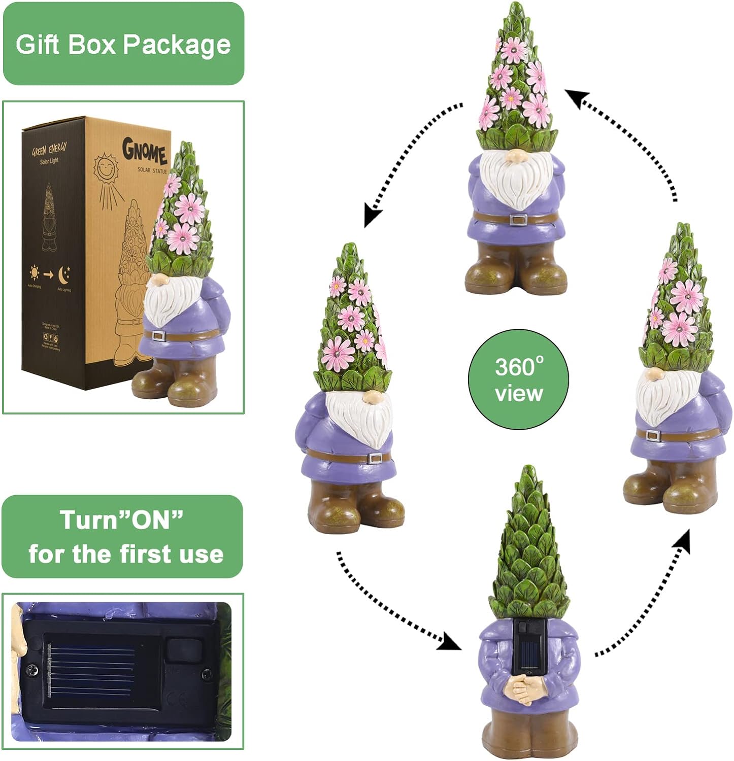 Nacome Garden Outdoor Statues Gnome with Succulent and 7 LED Lights - Lawn Decor for Patio, Balcony, Yard Ornament - Unique Housewarming Gifts