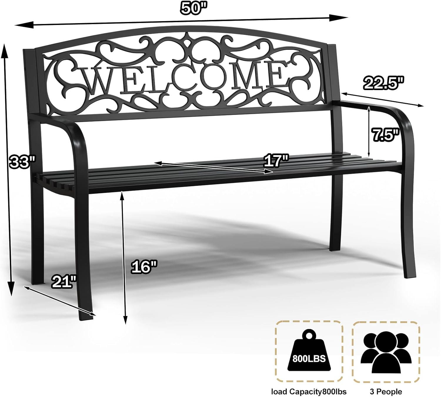 50" Heavy Duty Outdoor Bench, Wrought Iron Weatherproof Garden Bench Black Metal Patio Bench for Park Proch Yard 880lbs