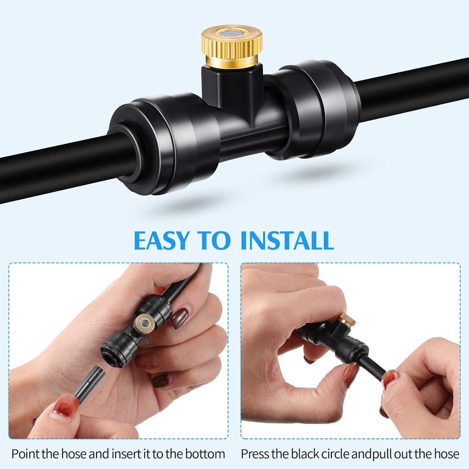 Misting Nozzles Kit Include Water Misting Tees Thread 1/4 Inch and Brass Orifice Nozzle with Black Plug for Outdoor Spray Cooling System(48 Pieces)