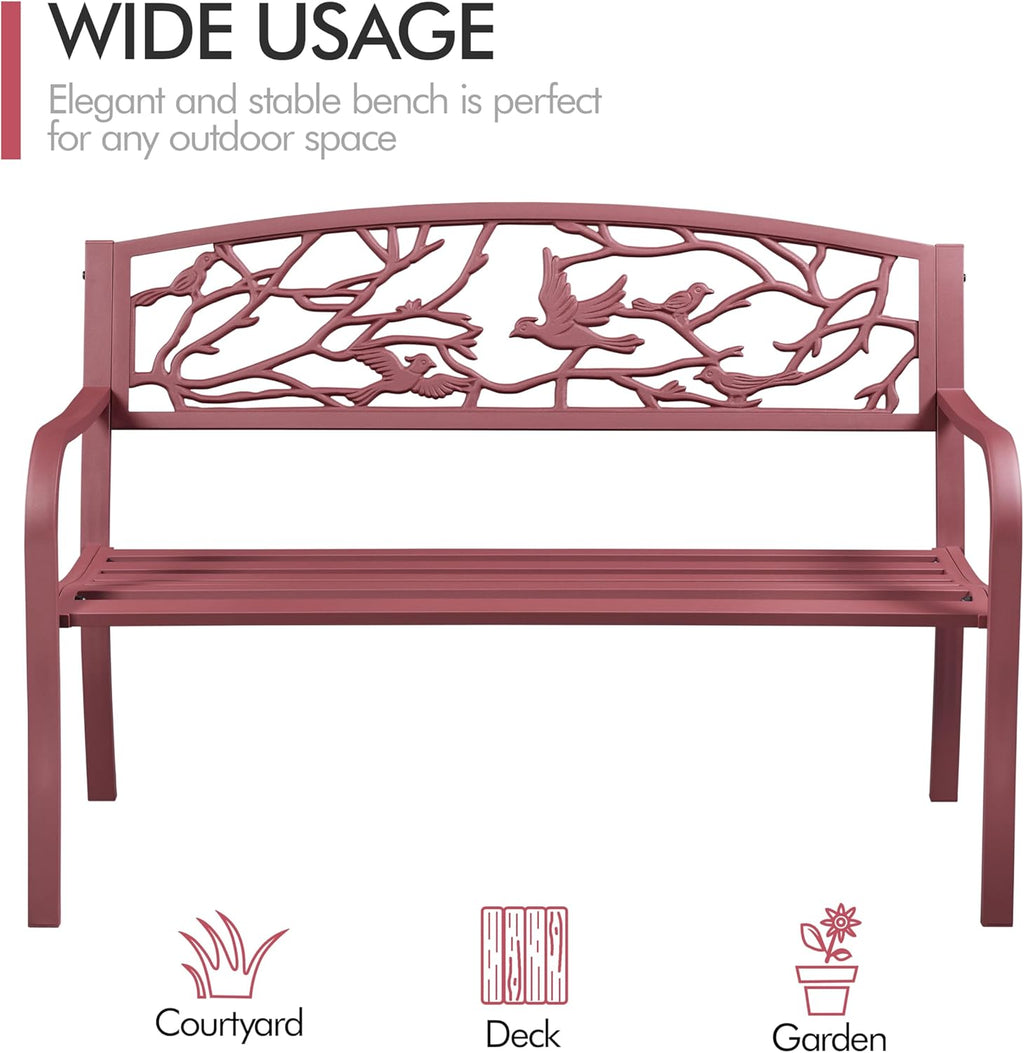 Yaheetech Outdoor Garden Bench Patio Furniture Chair Outdoor with Vintage Bird Pattern Backrest, Slatted Seat, Antique Metal Bench for Yard & Porch & Park, Red
