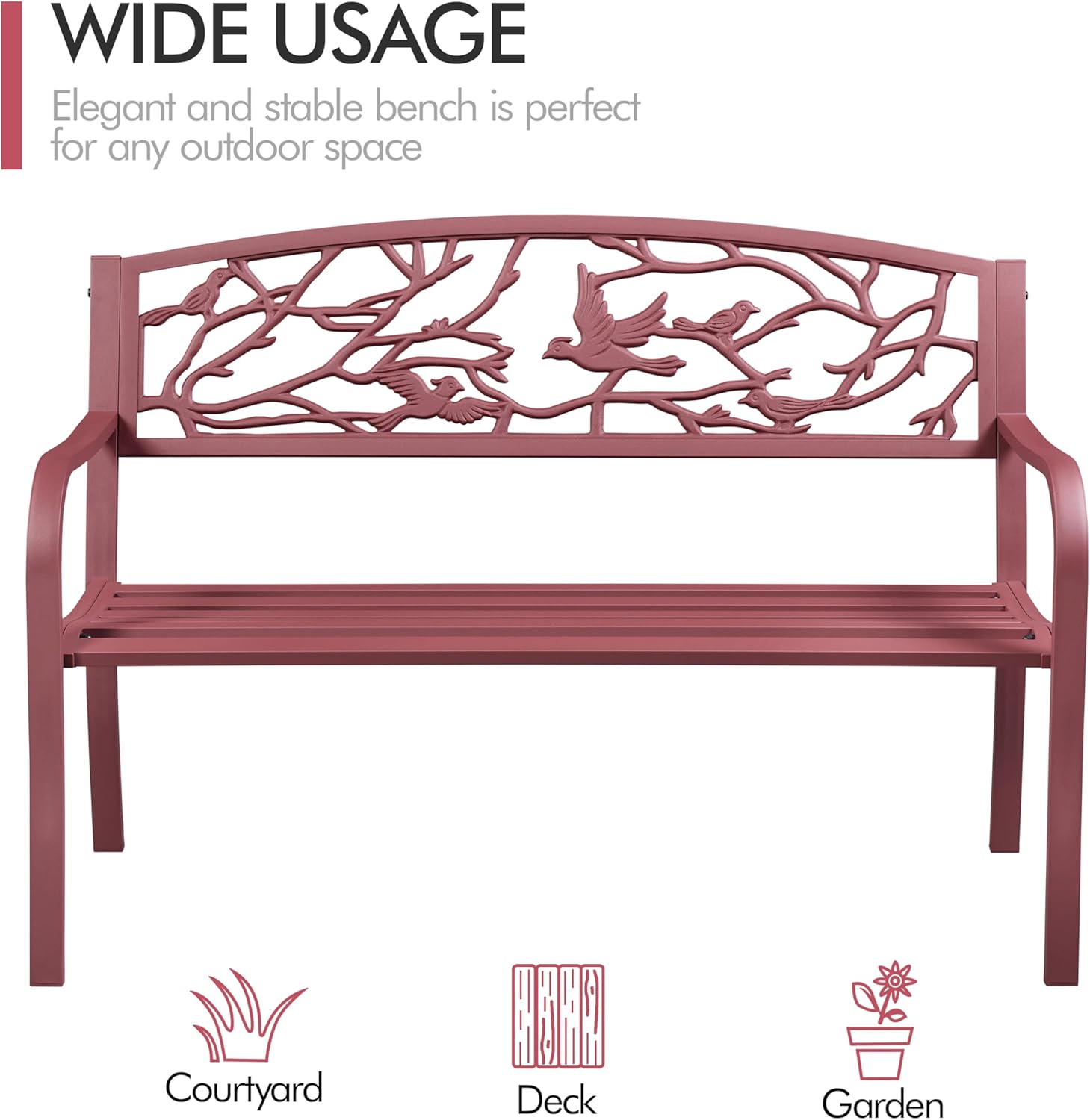 Yaheetech Outdoor Garden Bench Patio Furniture Chair Outdoor with Vintage Bird Pattern Backrest, Slatted Seat, Antique Metal Bench for Yard & Porch & Park, Red