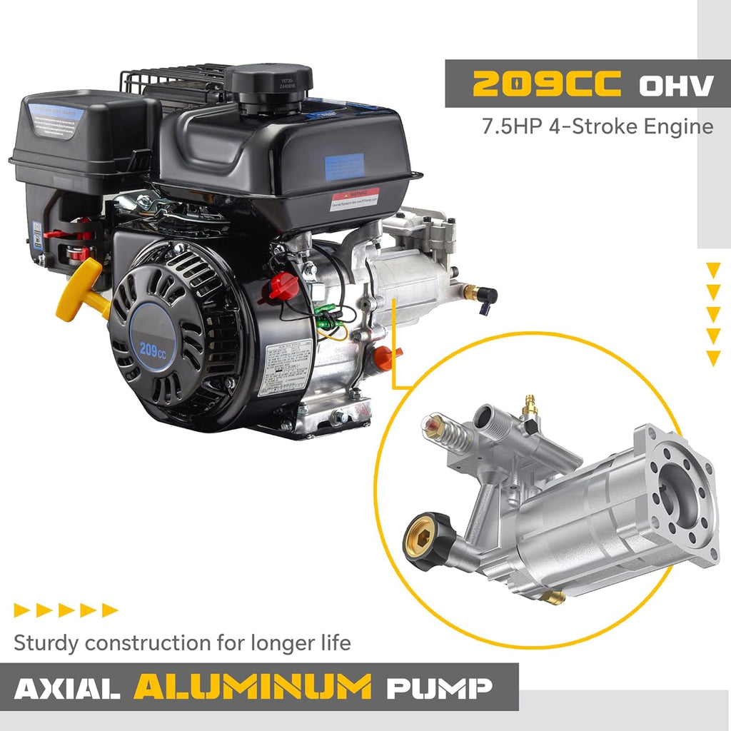 3500 PSI Gas Pressure Washer, 2.3 GPM High Power Washer with 209CC Engine, 25FT Hose, 4 Quick-Connect Nozzles, for Cleaning Walls, Vehicles, Gardens, Driveways, Concrete(Orange)