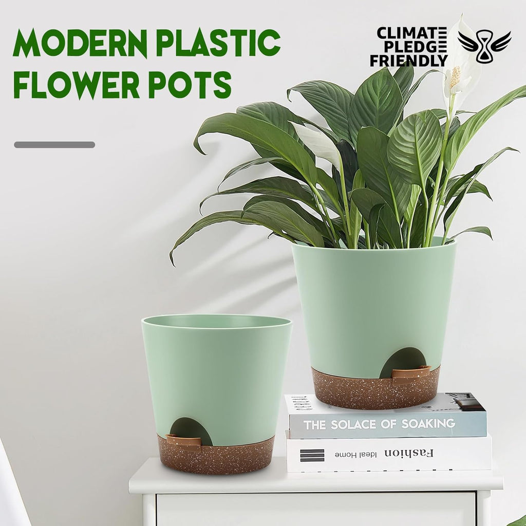 Indoor Self Watering Planters with Drainage Holes and Saucers, 9,8, 7.5 Inches, Green, 3 Pots (Springgreen)