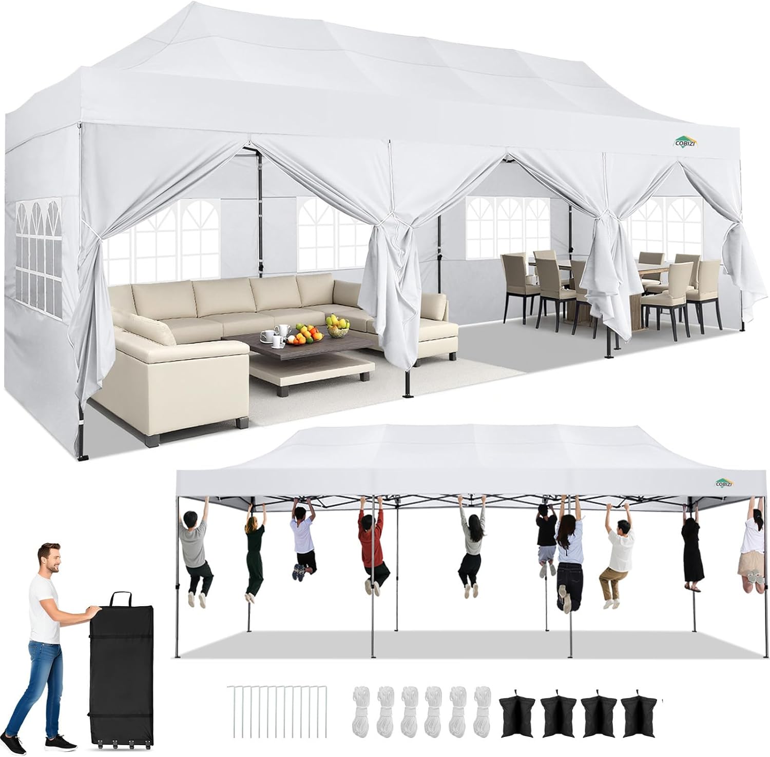 COBIZI 10x30 Pop up Canopy Heavy Duty with 8 Sidewalls, Easy Set-up Commercial Outdoor Party, 100% Waterproof Wedding Canopy Gazebo, 3 Height Adjustable with Wheeled Bag, White